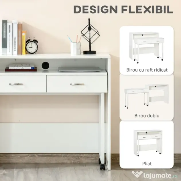 HOMCOM Birou Dublu Ergonomic Separabil cu Role, Rafturi Interioare pentru Organizare Eficientă, Design Modern, Alb, 100x36x88 cm | Aosom Romania
