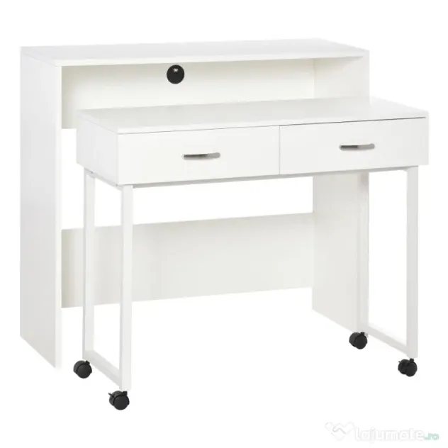 HOMCOM Birou Dublu Ergonomic Separabil cu Role, Rafturi Interioare pentru Organizare Eficientă, Design Modern, Alb, 100x36x88 cm | Aosom Romania