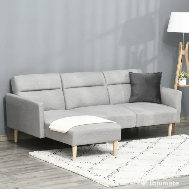 HOMCOM Canapea Extensibila cu 3 Locuri, Canapea pe Colt din Tesatura Gri cu Spatar Reglabil, Stil Scandinav, 207x146x80cm | Aosom Romania