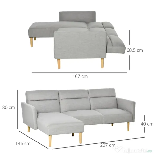 HOMCOM Canapea Extensibila cu 3 Locuri, Canapea pe Colt din Tesatura Gri cu Spatar Reglabil, Stil Scandinav, 207x146x80cm | Aosom Romania