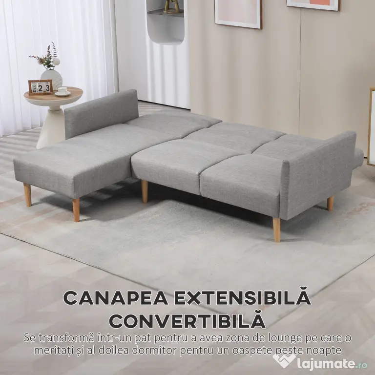 HOMCOM Canapea Extensibila cu 3 Locuri, Canapea pe Colt din Tesatura Gri cu Spatar Reglabil, Stil Scandinav, 207x146x80cm | Aosom Romania