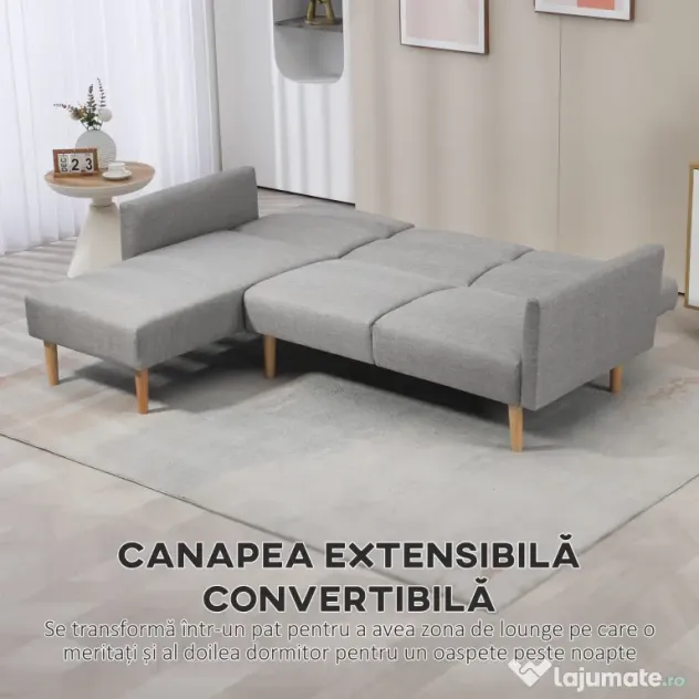 HOMCOM Canapea Extensibila cu 3 Locuri, Canapea pe Colt din Tesatura Gri cu Spatar Reglabil, Stil Scandinav, 207x146x80cm | Aosom Romania