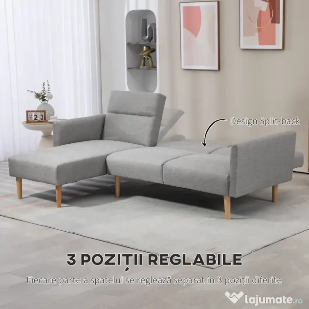 HOMCOM Canapea Extensibila cu 3 Locuri, Canapea pe Colt din Tesatura Gri cu Spatar Reglabil, Stil Scandinav, 207x146x80cm | Aosom Romania