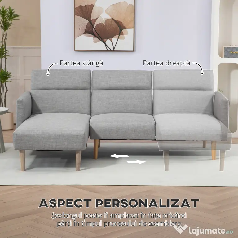 HOMCOM Canapea Extensibila cu 3 Locuri, Canapea pe Colt din Tesatura Gri cu Spatar Reglabil, Stil Scandinav, 207x146x80cm | Aosom Romania