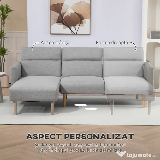 HOMCOM Canapea Extensibila cu 3 Locuri, Canapea pe Colt din Tesatura Gri cu Spatar Reglabil, Stil Scandinav, 207x146x80cm | Aosom Romania