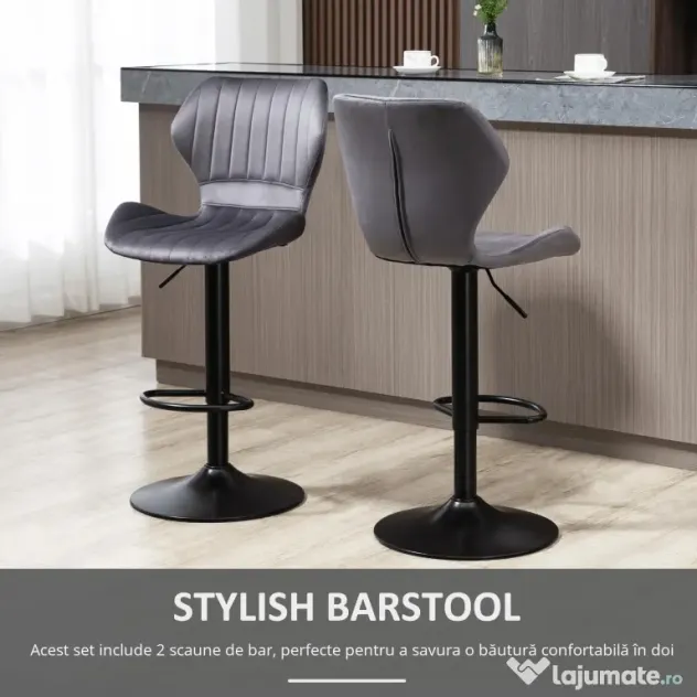 Set 2 scaune bar, inaltime reglabila, imitatie catifea HOMCOM | Aosom Romania