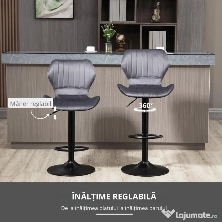 Set 2 scaune bar, inaltime reglabila, imitatie catifea HOMCOM | Aosom Romania