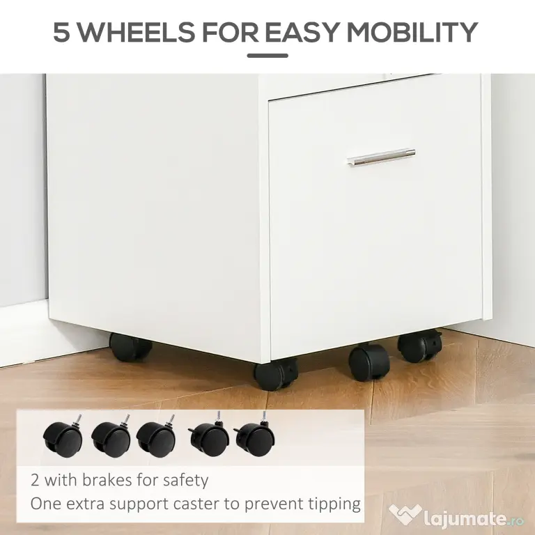 Vinsetto Dulap cu Sertare Blocabile, 2 Chei Incluse, cu 5 roti cu rotatie la 360°, Spațiu Optimizat, Alb | Aosom Romania