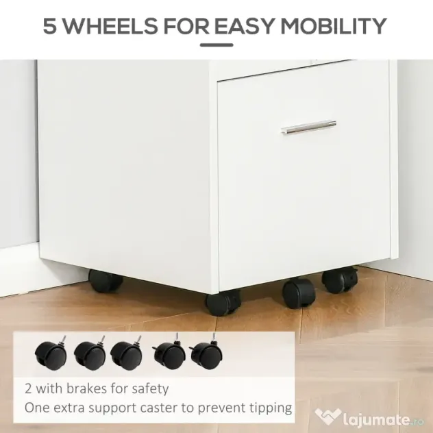Vinsetto Dulap cu Sertare Blocabile, 2 Chei Incluse, cu 5 roti cu rotatie la 360°, Spațiu Optimizat, Alb | Aosom Romania