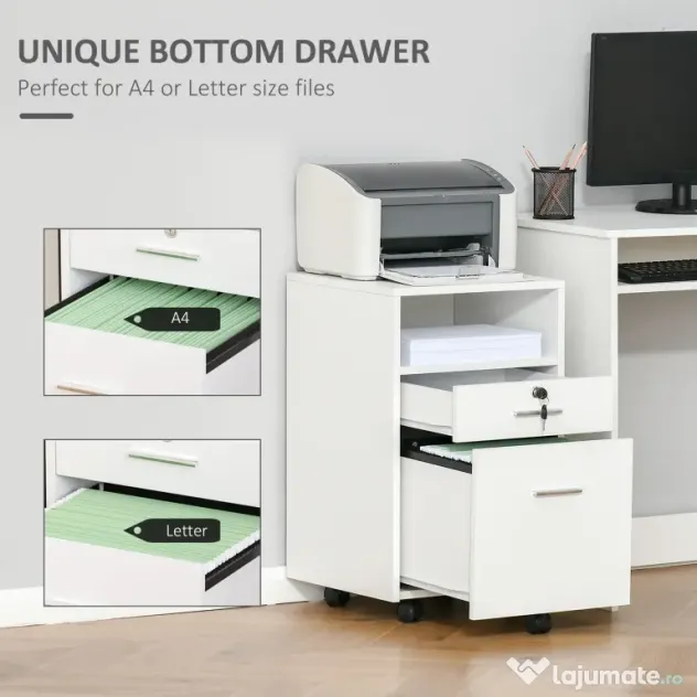 Vinsetto Dulap cu Sertare Blocabile, 2 Chei Incluse, cu 5 roti cu rotatie la 360°, Spațiu Optimizat, Alb | Aosom Romania