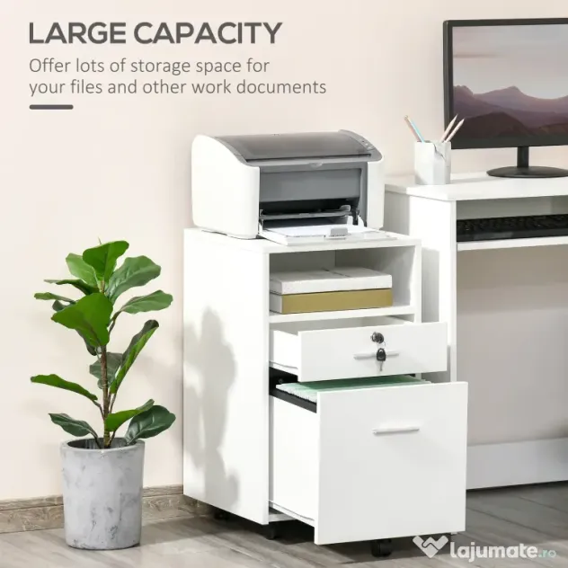 Vinsetto Dulap cu Sertare Blocabile, 2 Chei Incluse, cu 5 roti cu rotatie la 360°, Spațiu Optimizat, Alb | Aosom Romania