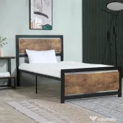 Cadru de Pat de o Persoana HOMCOM din Lemn si Otel 90x200cm, Sipci Integrate, Tablie de Cap si Tablie Picioare in Stil Industrial | Aosom Romania 