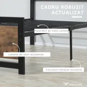 Cadru de Pat de o Persoana HOMCOM din Lemn si Otel 90x200cm, Sipci Integrate, Tablie de Cap si Tablie Picioare in Stil Industrial | Aosom Romania 
