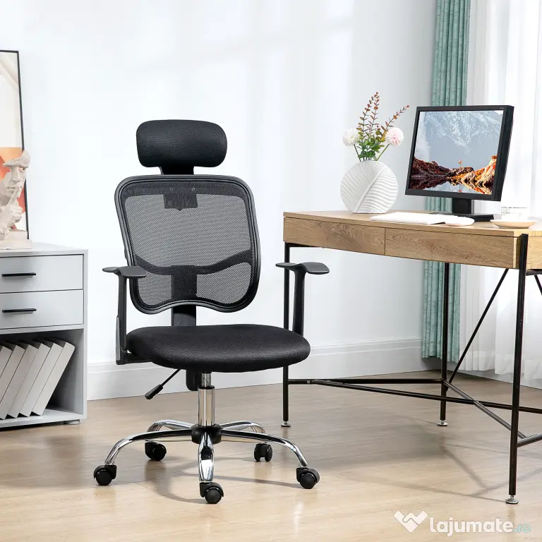 Vinsetto Scaun de Birou Ergonomic și Reglabil cu Tetieră, Negru | Aosom Romania