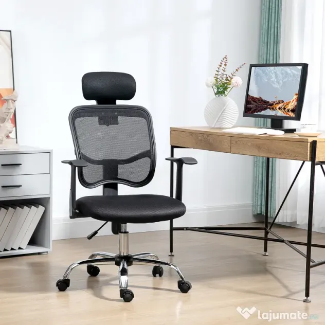 Vinsetto Scaun de Birou Ergonomic și Reglabil cu Tetieră, Negru | Aosom Romania