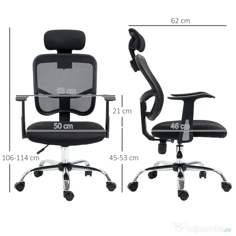 Vinsetto Scaun de Birou Ergonomic și Reglabil cu Tetieră, Negru | Aosom Romania
