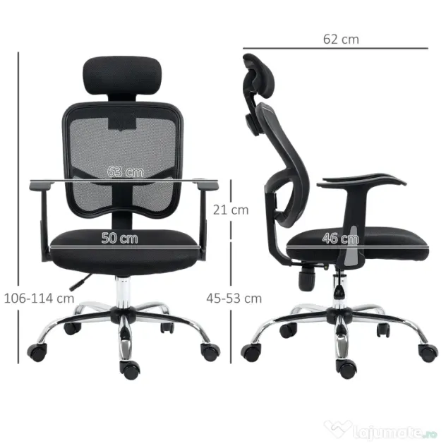 Vinsetto Scaun de Birou Ergonomic și Reglabil cu Tetieră, Negru | Aosom Romania