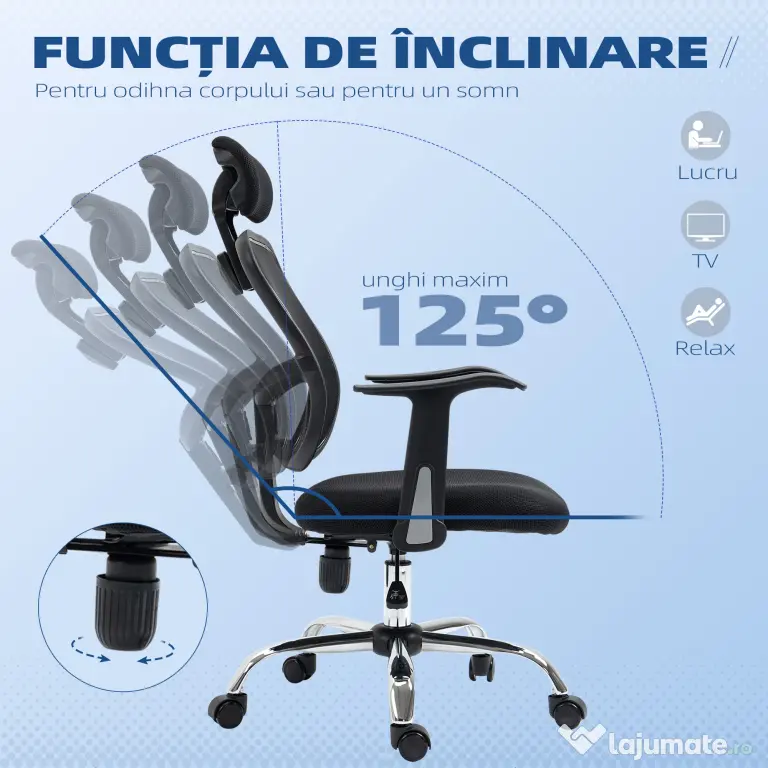Vinsetto Scaun de Birou Ergonomic și Reglabil cu Tetieră, Negru | Aosom Romania