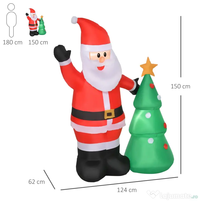 HOMCOM Mos Craciun Gonflabil cu Brad, Decoratiune de Craciun pentru Exterior cu Lumini cu LED | Aosom Romania