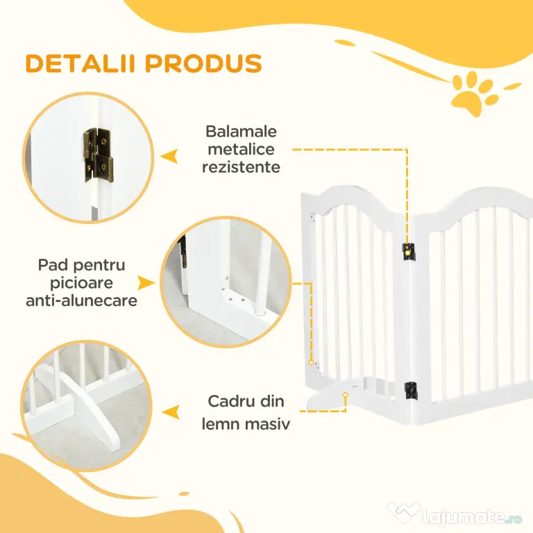 PawHut Gard Pliabil din Lemn pentru Câini, Design cu 3 Secțiuni, 154.5x29.5x61 cm, Alb | Aosom Romania
