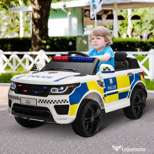 Masina Electrica pentru Copii de Politie Baterie 12V si Telecomanda, Sirena Lumini, Conexiune USB pentru Muzica 110x68x52cm HOMCOM | Aosom Romania