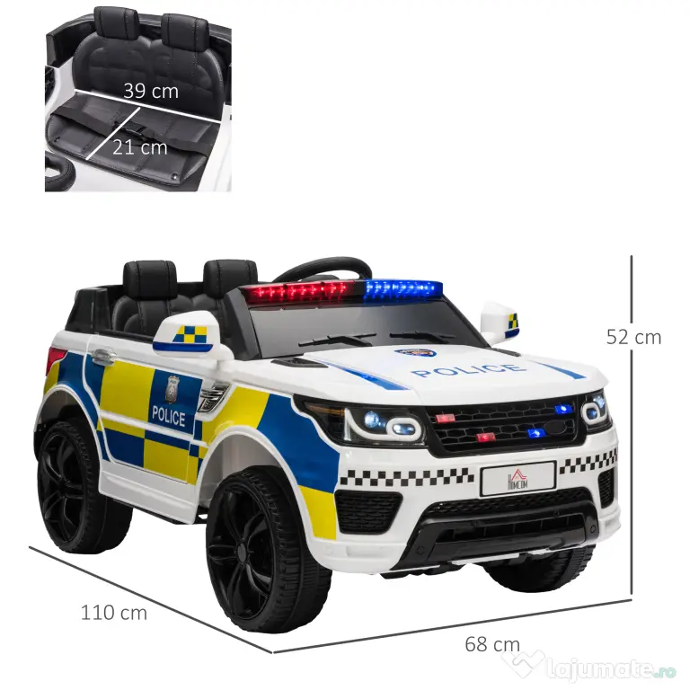 Masina Electrica pentru Copii de Politie Baterie 12V si Telecomanda, Sirena Lumini, Conexiune USB pentru Muzica 110x68x52cm HOMCOM | Aosom Romania