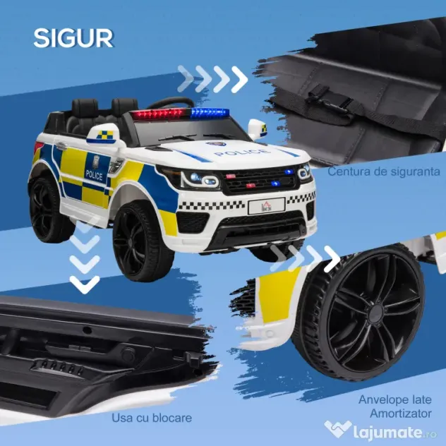 Masina Electrica pentru Copii de Politie Baterie 12V si Telecomanda, Sirena Lumini, Conexiune USB pentru Muzica 110x68x52cm HOMCOM | Aosom Romania