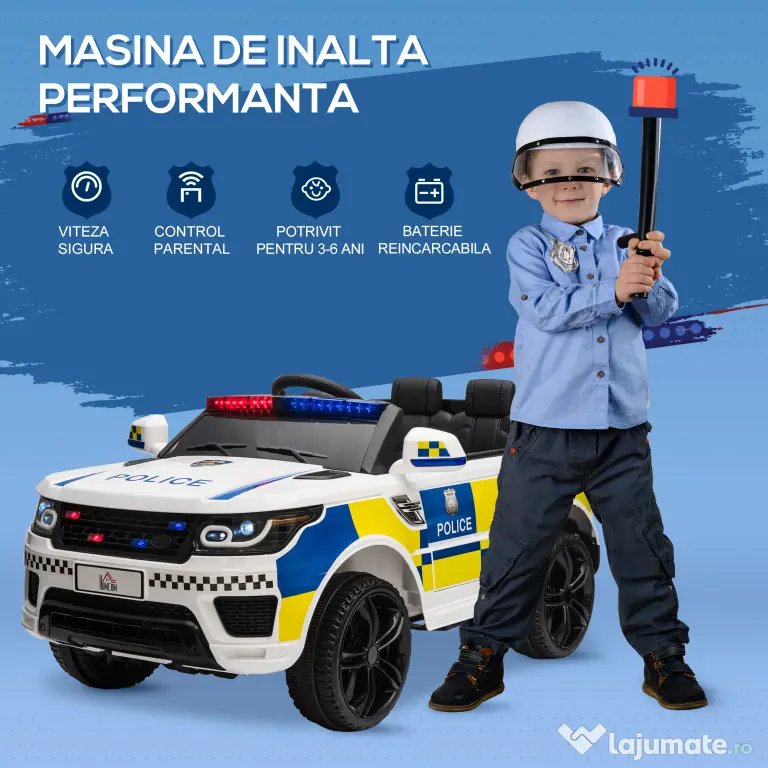 Masina Electrica pentru Copii de Politie Baterie 12V si Telecomanda, Sirena Lumini, Conexiune USB pentru Muzica 110x68x52cm HOMCOM | Aosom Romania