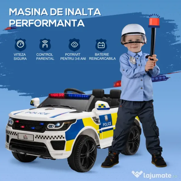 Masina Electrica pentru Copii de Politie Baterie 12V si Telecomanda, Sirena Lumini, Conexiune USB pentru Muzica 110x68x52cm HOMCOM | Aosom Romania
