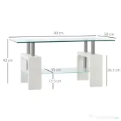 HOMCOM Măsuță de Cafea Dreptunghiulară din Sticlă, Masă Centrală cu 2 Niveluri și Raft de Depozitare, 90x50x42 cm, Alb 