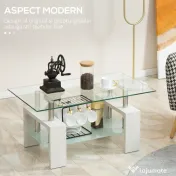 HOMCOM Măsuță de Cafea Dreptunghiulară din Sticlă, Masă Centrală cu 2 Niveluri și Raft de Depozitare, 90x50x42 cm, Alb 