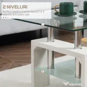 HOMCOM Măsuță de Cafea Dreptunghiulară din Sticlă, Masă Centrală cu 2 Niveluri și Raft de Depozitare, 90x50x42 cm, Alb 