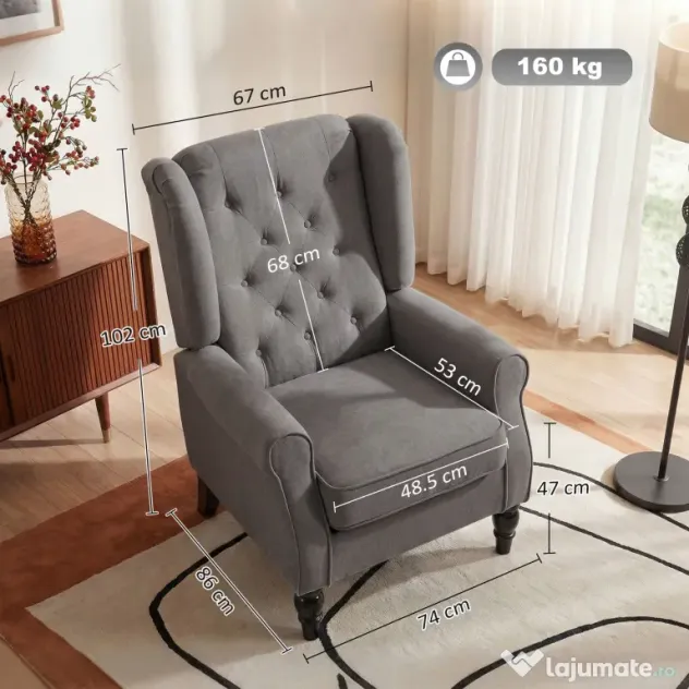 HOMCOM Fotoliu de Living Stil Francez cu Perne Detașabile Gri | Aosom Romania