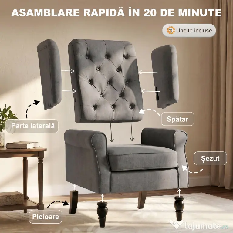 HOMCOM Fotoliu de Living Stil Francez cu Perne Detașabile Gri | Aosom Romania