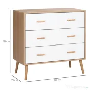 HOMCOM Comodă cu 3 sertare ridicată pentru living și dormitor, din lemn, 80x39x80 cm, alb și culoare lemn 