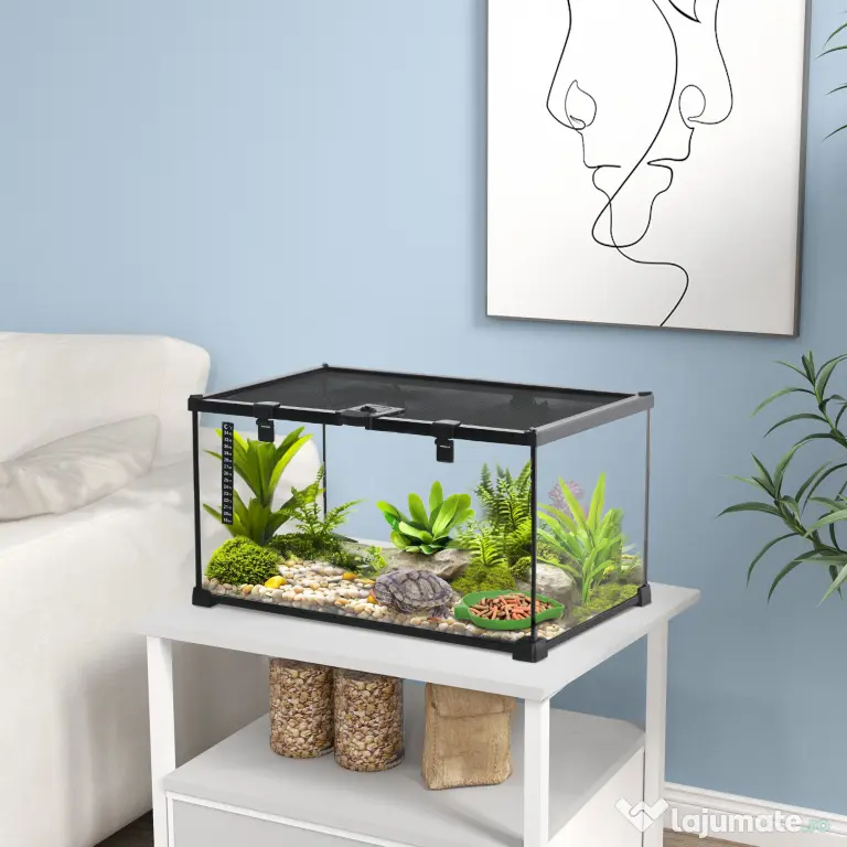PawHut Terariu Înălțat pentru Reptile cu Încuietoare și Ușă pentru Hrănire, 50x30x25 cm, Negru | Aosom Romania