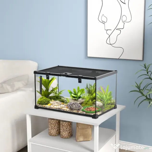 PawHut Terariu Înălțat pentru Reptile cu Încuietoare și Ușă pentru Hrănire, 50x30x25 cm, Negru | Aosom Romania