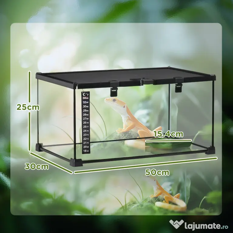 PawHut Terariu Înălțat pentru Reptile cu Încuietoare și Ușă pentru Hrănire, 50x30x25 cm, Negru | Aosom Romania