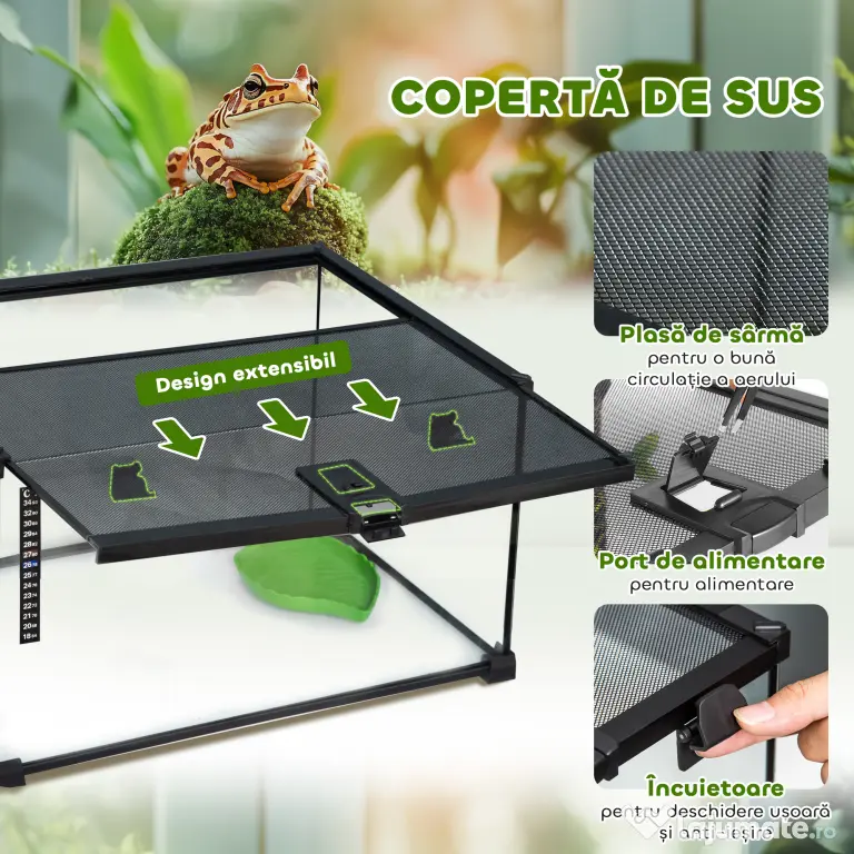 PawHut Terariu Înălțat pentru Reptile cu Încuietoare și Ușă pentru Hrănire, 50x30x25 cm, Negru | Aosom Romania