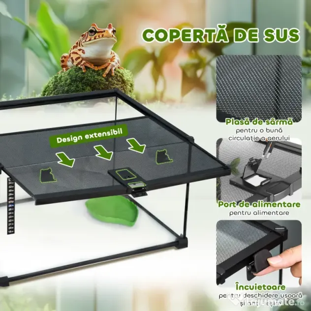 PawHut Terariu Înălțat pentru Reptile cu Încuietoare și Ușă pentru Hrănire, 50x30x25 cm, Negru | Aosom Romania