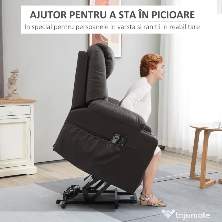 HOMCOM Scaun cu ridicare electric pentru varstnici cu masaj, din piele PU rezistenta cu telecomanda, buzunare laterale, maro | Aosom Romania