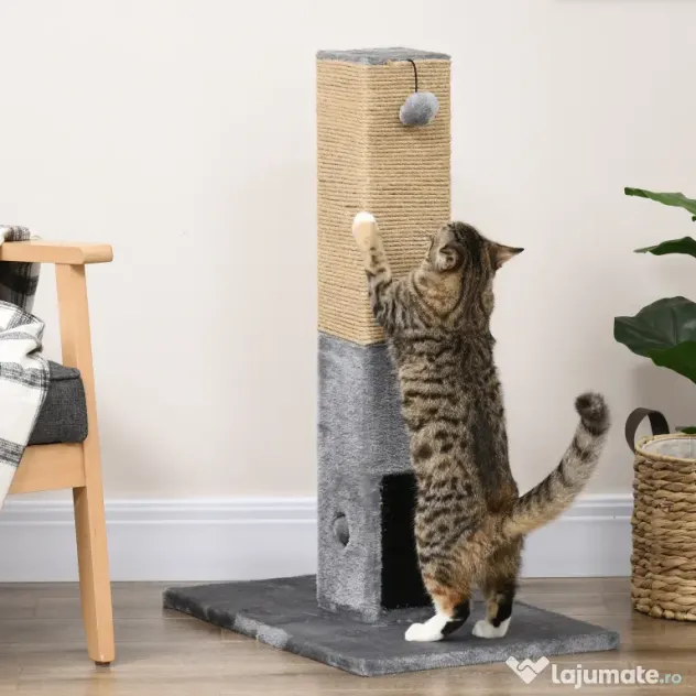 PawHut Ansamblu pentru Pisici cu 2 Mingi de Jucărie și Perie, 59.5x39x79 cm, Gri | Aosom Romania