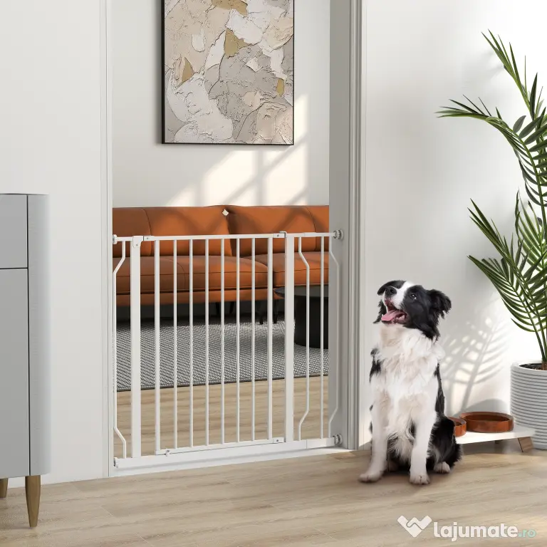 PawHut Poartă pentru Câini, Barieră Largă pentru Scări cu Ușă, 76x75-95 cm, Alb | Aosom Romania