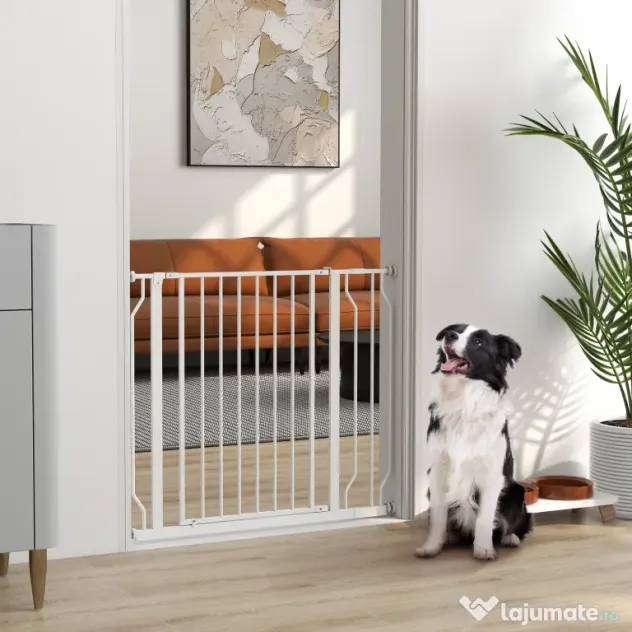 PawHut Poartă pentru Câini, Barieră Largă pentru Scări cu Ușă, 76x75-95 cm, Alb | Aosom Romania