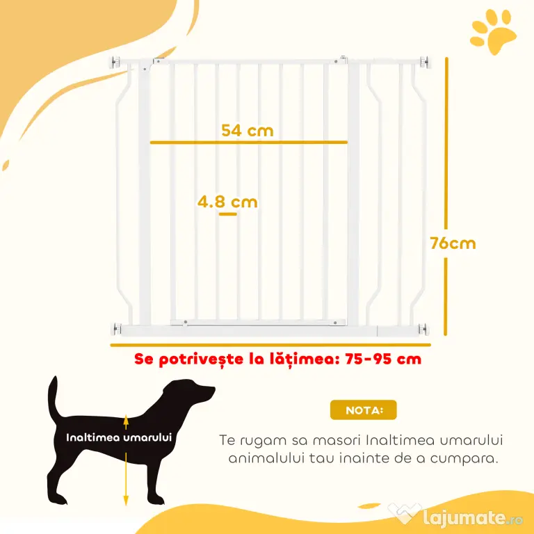 PawHut Poartă pentru Câini, Barieră Largă pentru Scări cu Ușă, 76x75-95 cm, Alb | Aosom Romania