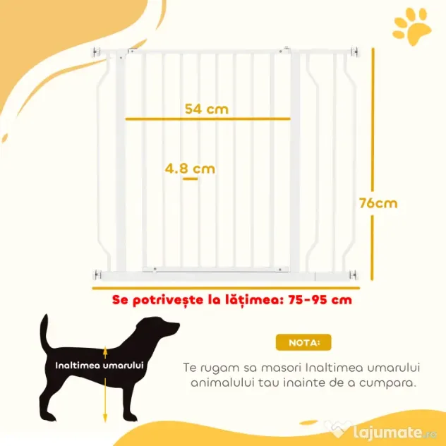 PawHut Poartă pentru Câini, Barieră Largă pentru Scări cu Ușă, 76x75-95 cm, Alb | Aosom Romania