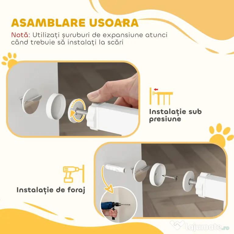 PawHut Poartă pentru Câini, Barieră Largă pentru Scări cu Ușă, 76x75-95 cm, Alb | Aosom Romania