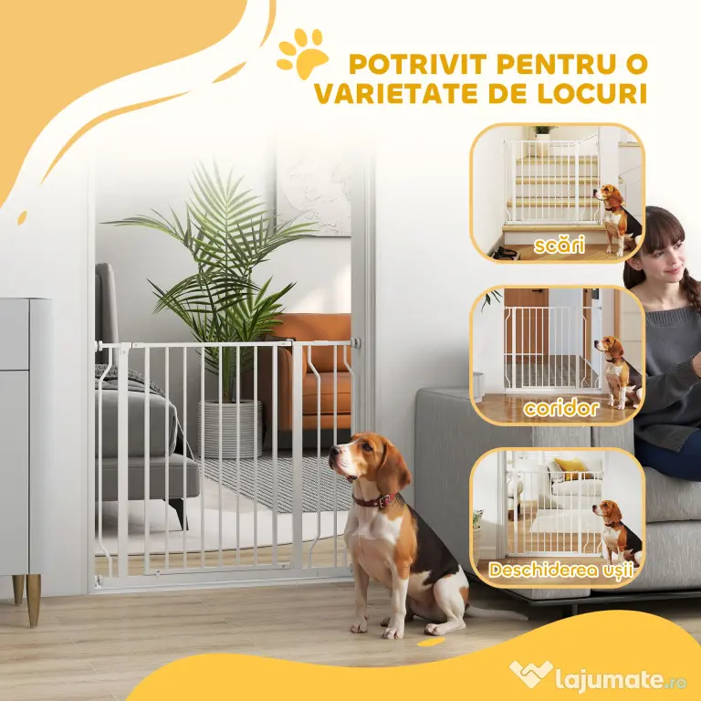 PawHut Poartă pentru Câini, Barieră Largă pentru Scări cu Ușă, 76x75-95 cm, Alb | Aosom Romania