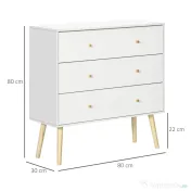 HOMCOM Comoda cu 3 sertare cu manere din PAL si lemn de pin pentru camera de zi si dormitor, 80x30x80 cm, alb 