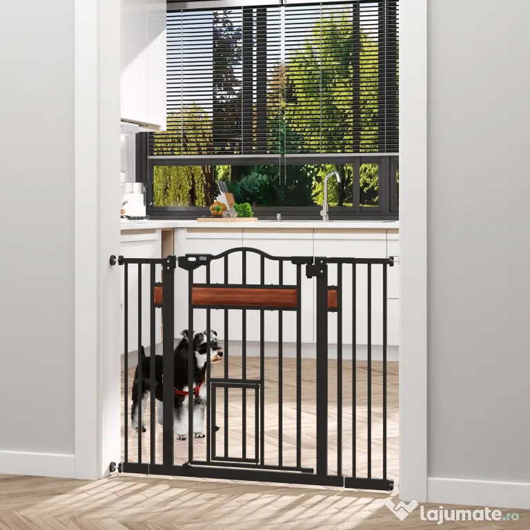 PawHut Poartă de Siguranță pentru Câini cu Închidere Automată 74-105x76.2 cm Neagră | Aosom Romania